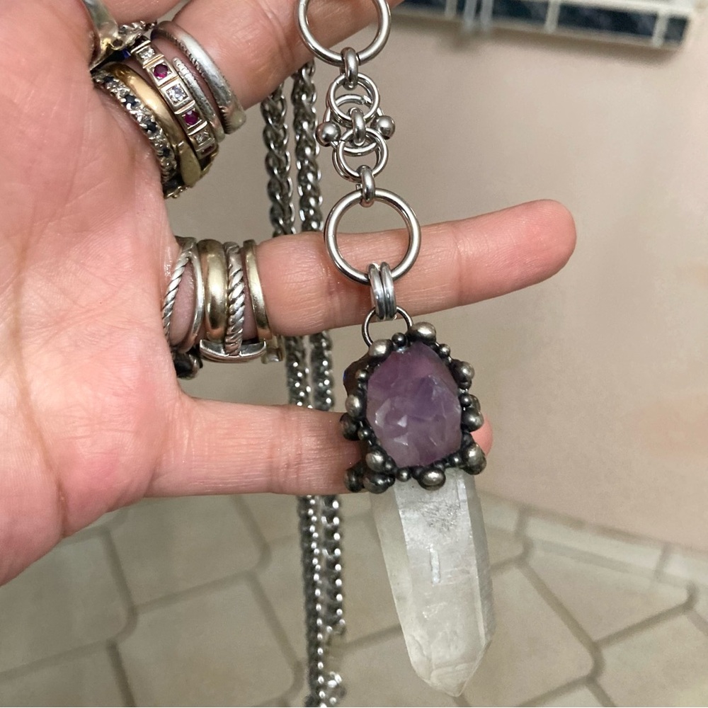 crystal quartz & amethyst gem stainless steel maille celtic lariat Y necklace. - Picture 13 of 15